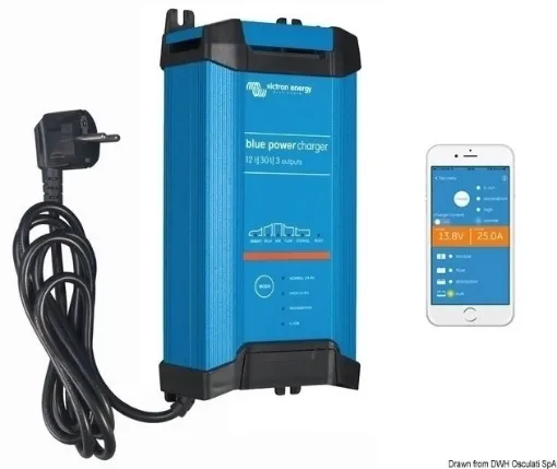 Picture of Using the Victron-connect App, these battery chargers connect to your smartphone, tablet or computer via Bluetooth, allowing initial configuration and displaying all charging data. Input voltage: 180/265 VAC 45/65 Hz 250/350VDC 6-stage charging: TEST - BULK - ABSORPTION - RECONDITION - FLOAT - STORAGE, with charge status LED indicators. Microprocessor control adapts the charging type to battery ne