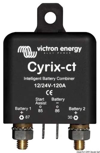 Picture of This is a powerful relay that automatically connects the batteries in parallel when one of them reaches the predetermined voltage and separates them when the voltage drops below the FLOATING level. The Cryrix-I is a great alternative to diode separators as there is no voltage drop. The classic installation involves the alternator directly connected to the starting battery. The service battery and