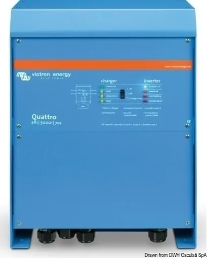 Picture of Same functions as the Multiplus system, but it can be connected to 2 independent AC sources (e.g., shore power and generator or 2 generators) and the Quattro system will automatically connect to the active source.