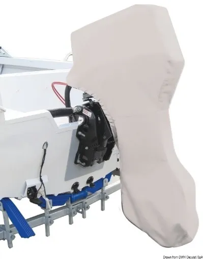 Picture of Version to cover the entire outboard motor. Made of waterproof, UV-resistant 320 g/m polyester Cyclone fabric. This fabric has a brushed finish on the inside to prevent paint from marking even when rubbed. The seams are reinforced and sealed. The closing mouth has a reinforced profile and a nylon zipper section 10.