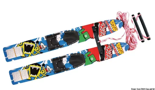 Picture of Children's skis with special stabilization bar and cords. Made of high-density polyurethane + vacuum laminated. Complete with adjustable attachments in soft expanded rubber.