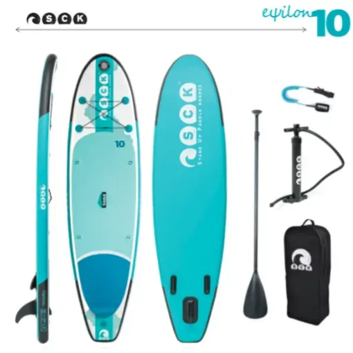 Picture of 10' Εψilon inflatable paddle board complete package with aluminum paddle, coiled leash, double action pump and back pack to fit them all - SCK