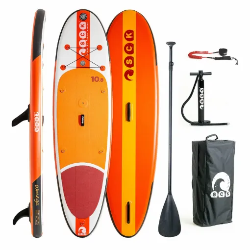 Picture of 10'8'' Omega inflatable paddle board with mast base complete package with aluminum paddle, coiled leash, hand pump and back pack to fit them all - SCK