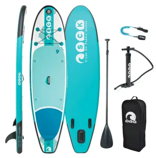 Picture of 9' Εψilon inflatable paddle board complete package with aluminum paddle, coiled leash, double action pump and back pack to fit them all - SCK