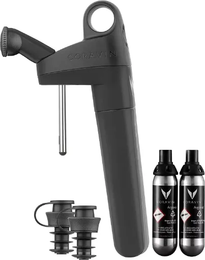 Picture of Pivot and wine preservation system. keeps wine fresh up to 4 weeks. inc 2 pivot caps, 2 pure capsules and 1 pivot aerator - black - Coravin