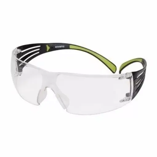 Picture of 3M securefit safety glasses, black/green frame, anti - scratch, indoor/outdoor mirrored lens, sf410as - eu. - Transparent - 3M