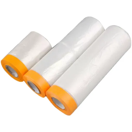 Picture of 25m x 500mm roll of static cling plastic with paint safe yellow rice paper masking tape