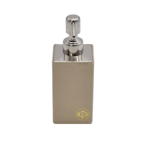 Picture of Collection Gaston - Square Soap Dispenser In Stainless Covered In Beige Leather -  6,50cm x  6,50cm x  17,0cm - Weight : 250 Gr - Gordon & Gaia