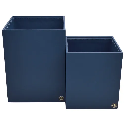 Picture of Collection Armand Blue Leather Wastepaper Basket - Size Large -  23,00cm x  23,00cm x  30,50cm - Weight : 1370 Gr - Gordon & Gaia