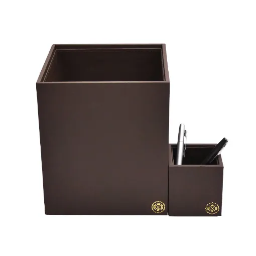 Picture of Collection Armand Dark Chocolate Leather Wastepaper Basket - Size Medium -  20,00cm x  20,00cm x  23,50cm - Weight : 950 Gr - Gordon & Gaia