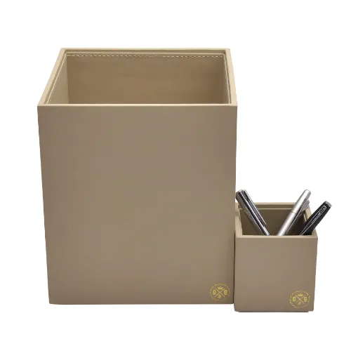 Picture of Collection Armand Beige Leather Wastepaper Basket - Size Medium -  20,00cm x  20,00cm x  23,50cm - Weight : 950 Gr - Gordon & Gaia