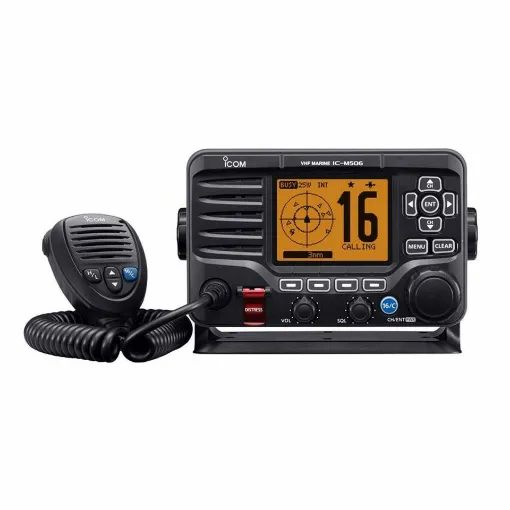 Picture of Icom M506GE VHF/DSC marine radio with NMEA 2000 connectivity and AIS receiver.