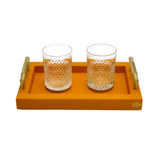 Picture of Collection Madeline Rectangular Tray With Golden Brass Handles - Covered In Orange Grained Leather - Small Size - 30cm x  20cm x  3,5cm - Frame 2.5cm - Weight : 950 Gr - Gordon & Gaia