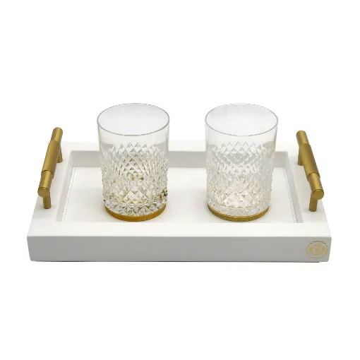 Picture of Collection Madeline Rectangular Tray With Golden Brass Handles - Covered In White Grained Leather - Small Size - 30cm x  20cm x  3,5cm - Frame 2.5cm - Weight : 950 Gr - Gordon & Gaia