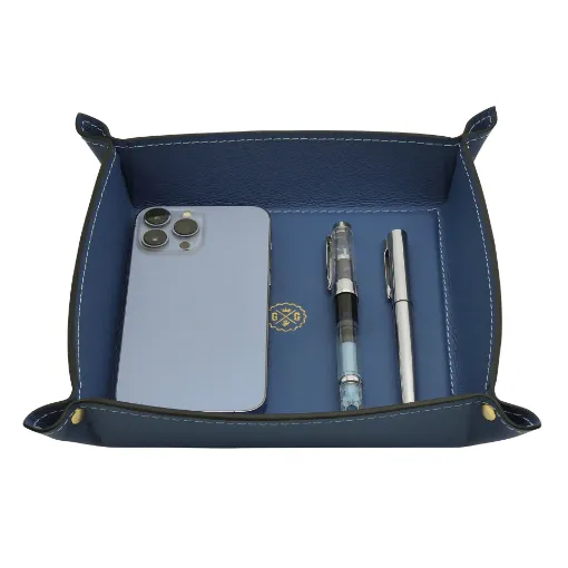 Picture of Collection Arthur - Ocean Blue Leather Valet Tray With Eyelets - Size Medium -  18,00cm x  18,00cm x  4,50cm - Weight : 200 Gr - Gordon & Gaia