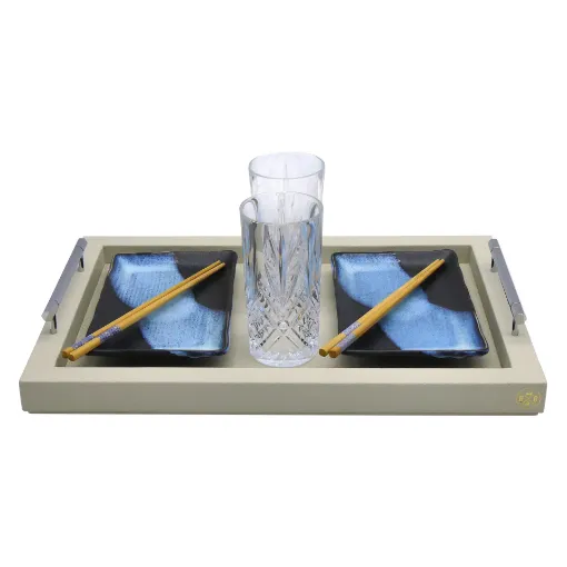 Picture of Collection Louis Rectangular Tray With Hexagonal Chrome Handles - Covered In Gregal Grained Leather - Medium Size - 45cm x  30cm x  3,5cm - Frame 2.5cm - Weight : 1800 Gr - Gordon & Gaia