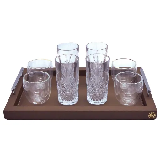 Picture of Collection Louis Rectangular Tray With Hexagonal Chrome Handles - Covered In Brown Grained Leather - Medium Size - 45cm x  30cm x  3,5cm - Frame 2.5cm - Weight : 1800 Gr - Gordon & Gaia