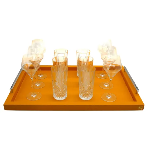 Picture of Collection Louis Rectangular Tray With Hexagonal Chrome Handles - Covered In Orange Grained Leather - Large Size - 60cm x  40cm x  3,5cm - Frame 2.5cm - Weight : 2750 Gr - Gordon & Gaia