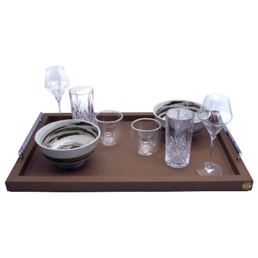 Picture of Collection Louis Rectangular Tray With Hexagonal Chrome Handles - Covered In Brown Grained Leather - Large Size - 60cm x  40cm x  3,5cm - Frame 2.5cm - Weight : 2750 Gr - Gordon & Gaia