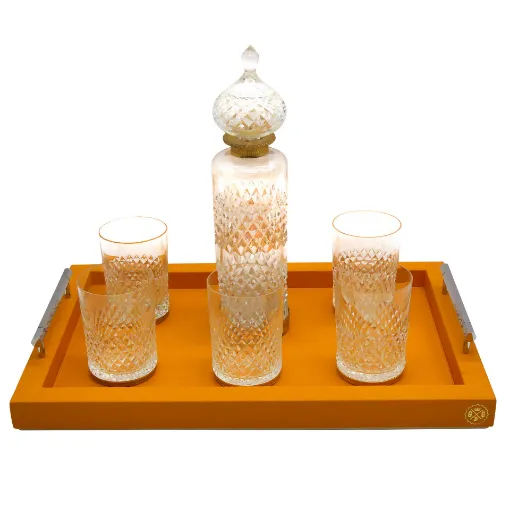 Picture of Collection Louis Rectangular Tray With Hexagonal Chrome Handles - Covered In Orange Grained Leather - Medium Size - 45cm x  30cm x  3,5cm - Frame 2.5cm - Weight : 1800 Gr - Gordon & Gaia