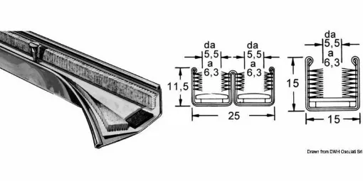 Picture of AISI 316 stainless steel profile, high-density polyethylene anti-friction bottom, neoprene and felt intermediate bearing to absorb vibrations and allow fastening with screws through the profile. Synthetic lateral brushes to prevent slipping and vibrations in UV resistant material.