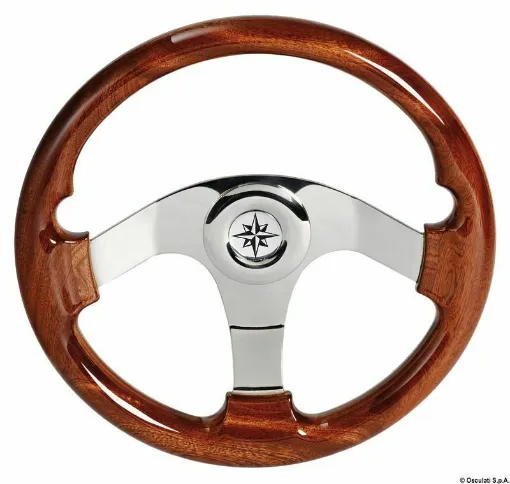 Picture of With polished mirror stainless steel spokes and hub. Central hub with universal cone, adjustable to center the steering wheel.