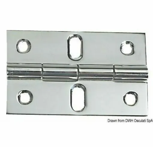 Picture of Polished stainless steel half-recessed hinge. Equipped with ovalized central holes to allow perfect centering. Designed for hinging compartments. With vibration damping through a braked central shaft.