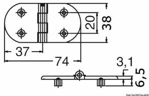 Picture of Mirror polished AISI 316 stainless steel. Fixing from the lower side with 4 threaded bushes. Central axis with soft movement braking, and headed at the ends.