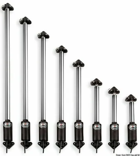 Picture of Linear actuator guarantees 225 kg of thrust. 60 cm cable and Deutsch plug terminal. Extension cables available (51.259.xx). Quick release stainless steel pin. Can work in pairs (using switch 38.376.02). Completely stainless steel in all its parts. Friction system that prevents it from burning out at the end of the stroke (extension and closure). Consumption 10 A (12 V) 5 A (24 V).