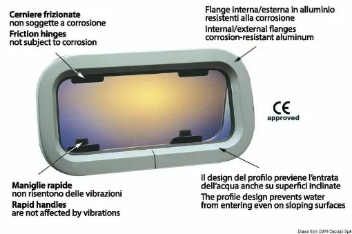 Picture of A portlight line characterized by excellent finishes and material quality. Hinges with integrated friction to hold the portlight open at any position, quick and secure handles. Supplied complete with white ABS finishing counterflange (available in ivory color upon request), mounting screws and mosquito net, smoked glass. Installation is made easy and fast by a threaded ring with drilled holes, all