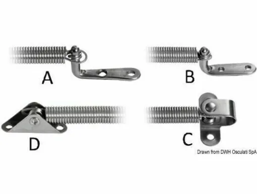 Picture of Made of stainless steel, these springs are used for opening small doors and come with a forked stud and an L-shaped plate for attachment. They are equipped with a stainless steel safety cable to prevent the springs from stretching.