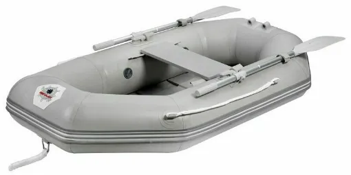 Picture of Foldable dinghy with a flat bottom reinforced by crossbars. The most compact and lightweight dinghy possible, ideal for small boats where space is precious. Supplied complete with oars, inflator, repair kit, and transport bag.