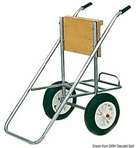 Picture of With nylon and rubber wheels, complete with a tank holder. Equipped with a special closing system, so that the stand can be flattened in a second without causing any obstruction. Completely chrome-plated zinc. Plywood board painted with polyurethane, professional model with 4x8 pneumatic wheels.