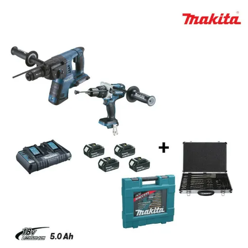 Picture of Set of 2 machines Makita DLX2101PTJ 18V 5.0Ah - Drill Impact Screwdriver DHP481 - Perfo-burner DHR264