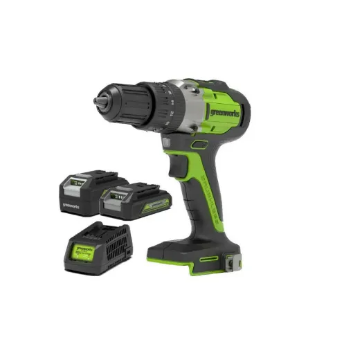 Picture of GREENWORKS 24V Brushless hammer drill - 1 battery 4.0 - 1 battery 2.0 Ah - 1 charger - GD24DD60