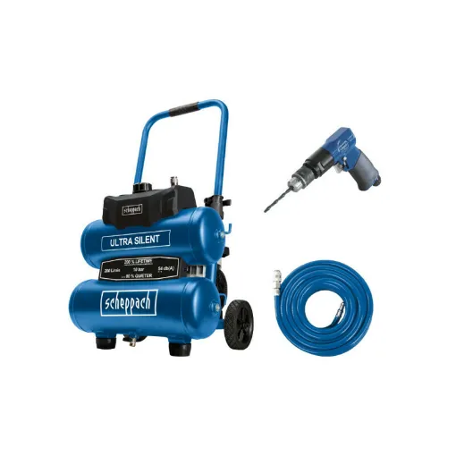 Picture of Pack SCHEPPACH Super silent compressor - 2 x 10L - 750W - HC20Si-Twin - 15m hose - Pneumatic drill