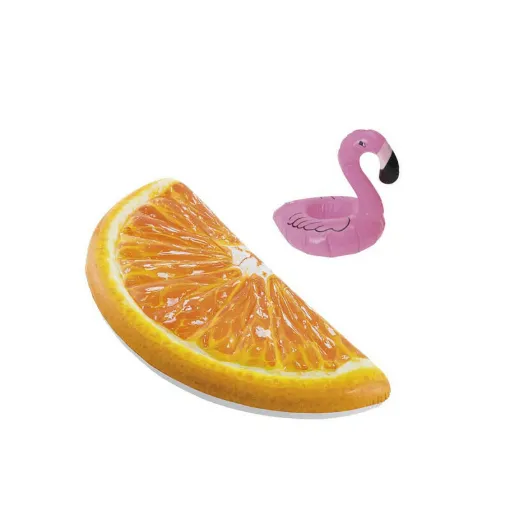 Picture of Pack Inflatable beach mattress orange quarter 178x85 cm - Floating glass holder flamingo model