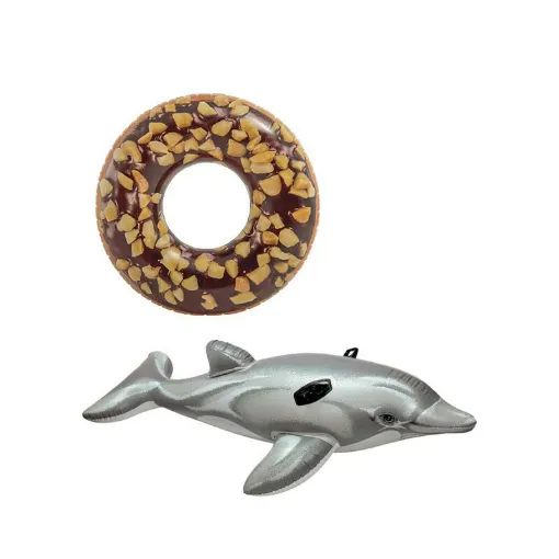 Picture of Pack Inflatable Chocolate Donut Inflatable Buoy 114 cm diameter - Inflatable Dolphin Inflatable Beach Mattress 175 cm