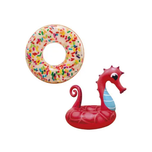 Picture of Pack Inflatable Donut inflatable buoy with sugar flakes 114 cm diameter - Inflatable Seahorse inflatable buoy 91 cm