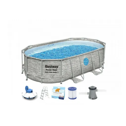 Picture of Pack BESTWAY Oval tubular swimming pool - SwimVista - 427 x 250 x 100 cm - Rattan pattern - Frisbee robot vacuum cleaner