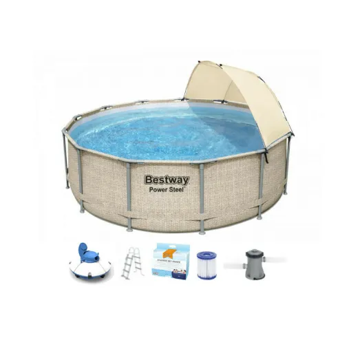 Picture of Pack BESTWAY Round tubular swimming pool - Steel Pro - 396 x 107 cm - with canopy - Robot vacuum cleaner Frisbee - Water