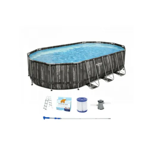 Picture of Pack BESTWAY Oval tubular pool - Power Steel - 610 x 366 x 122 cm - wood pattern - Cordless vacuum cleaner - Water treat