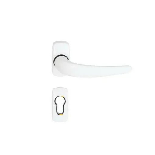 Picture of Door handle on white rosettes Stellus with cylindrical hole Klose Besser