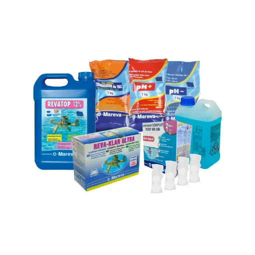 Picture of MAREVA Pack Rev-Aqua Kit 10 to 18 m3 - Ravatop 12% algaecide - Reva-klar clarifying cartridges - pH stabilizer - TAC Eco