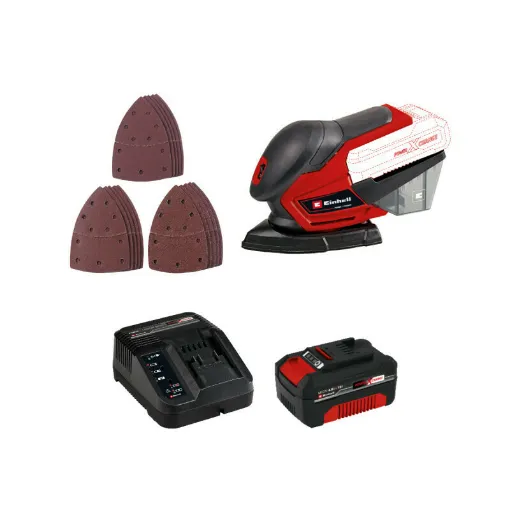 Picture of Pack EINHELL Multi 18V Power X-Change Sander - TE-OS 18/150 Li - Solo - Starter Kit Power 4.0Ah - Set 15 abrasives