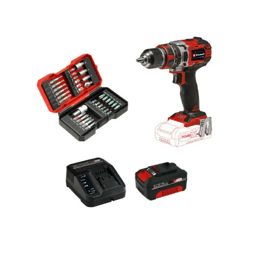 Picture of Pack EINHELL 18V Power X-Change Hammer Drill - TE-CD 18/50 Li-i BL Solo - Starter Kit Power 4.0Ah - Set of 34 accessorie