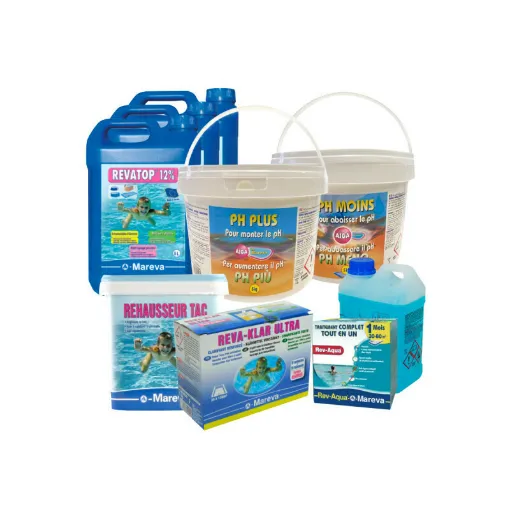 Picture of MAREVA Pack Rev-Aqua Kit 30 to 60 m3 - Set of 3 Ravatop 12% Algaecide - TAC Booster - Reva-klar Clarifying Cartridges -