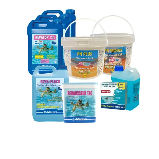 Picture of MAREVA Kit Rev-Aqua 30 to 60 m3 - Set of 3 Ravatop 12% Algaecide - TAC Booster - Clarifier 5 L - Aiga pH Stabilizer