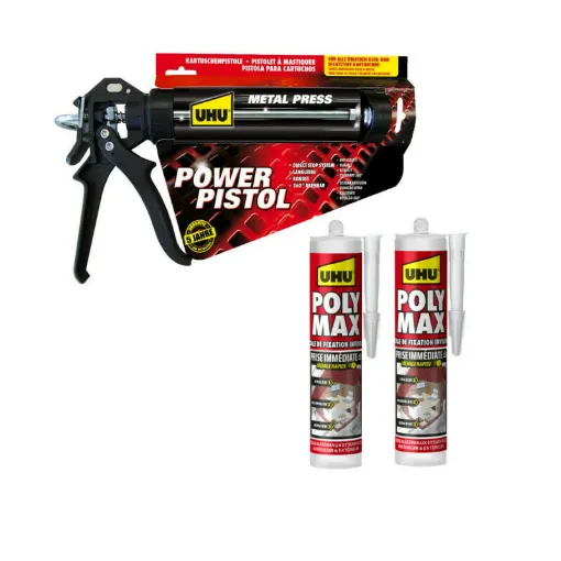 Picture of Pack UHU Power Pistol - 2 cartridges of Polymax Invisible Instant Set Mastic - 2x300g