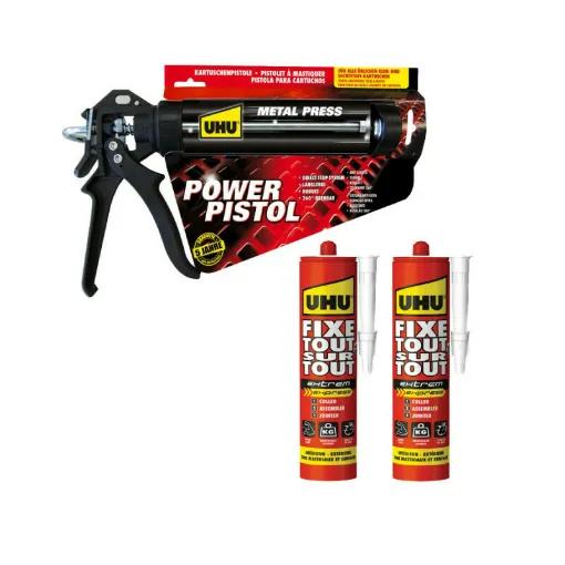 Picture of Pack UHU Power Pistol - 2 cartridges of Extrem Express All Over All Fixed Glue White - 2x425g